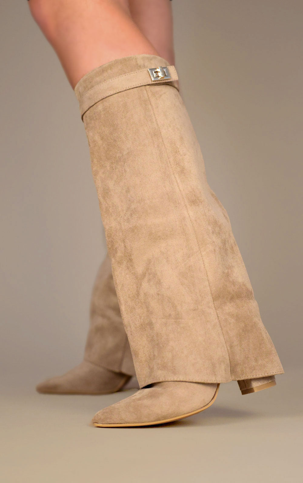 Shark Boots - Taupe Faux Suede Foldable Knee-High Boots with Classic Buckle Closure