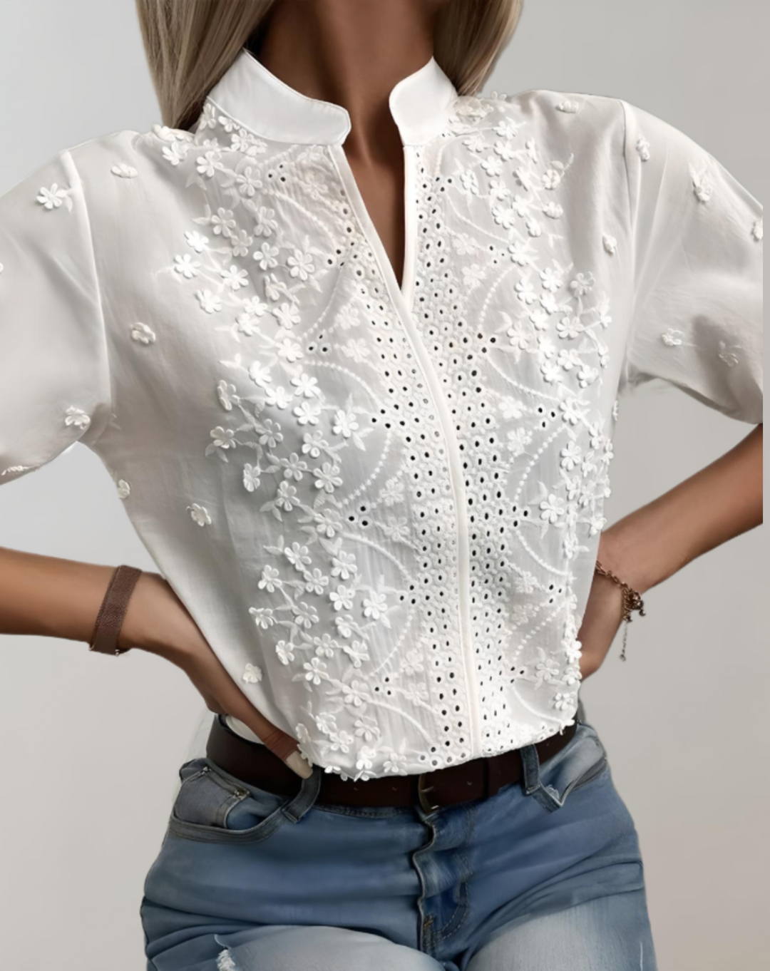 Scarlett - Breathable mandarin collar blouse with floral pattern