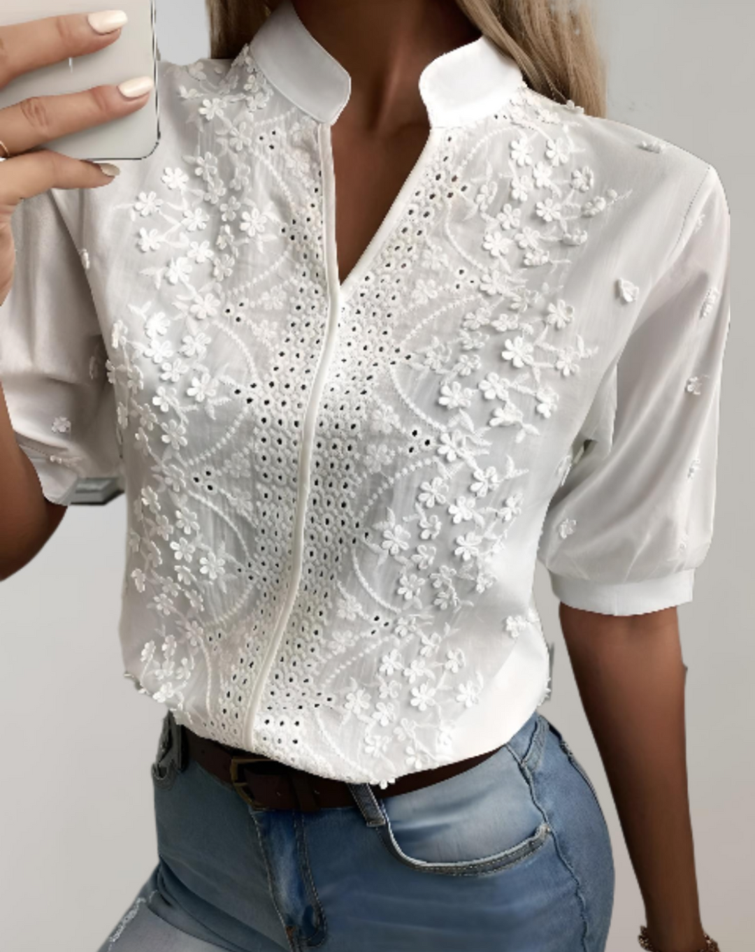 Scarlett - Breathable mandarin collar blouse with floral pattern