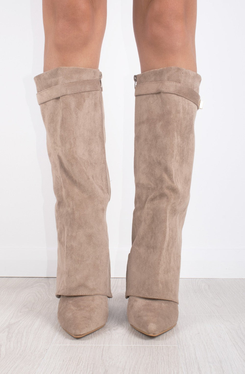 Shark Boots - Taupe Faux Suede Foldable Knee-High Boots with Classic Buckle Closure