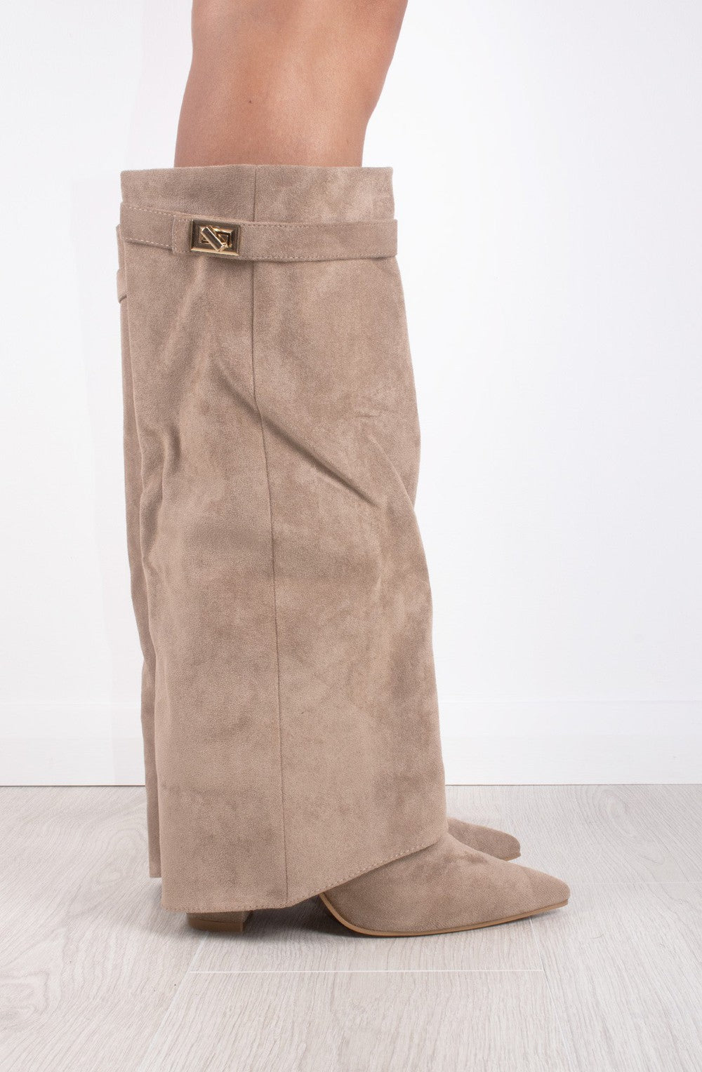 Shark Boots - Taupe Faux Suede Foldable Knee-High Boots with Classic Buckle Closure