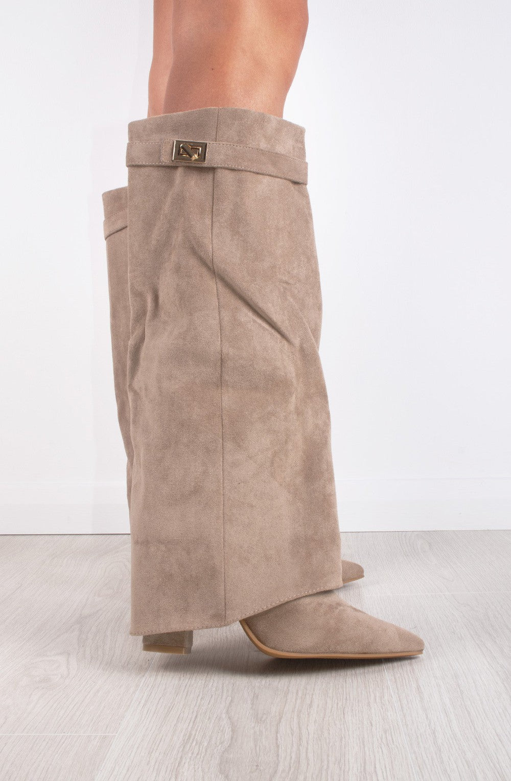 Shark Boots - Taupe Faux Suede Foldable Knee-High Boots with Classic Buckle Closure