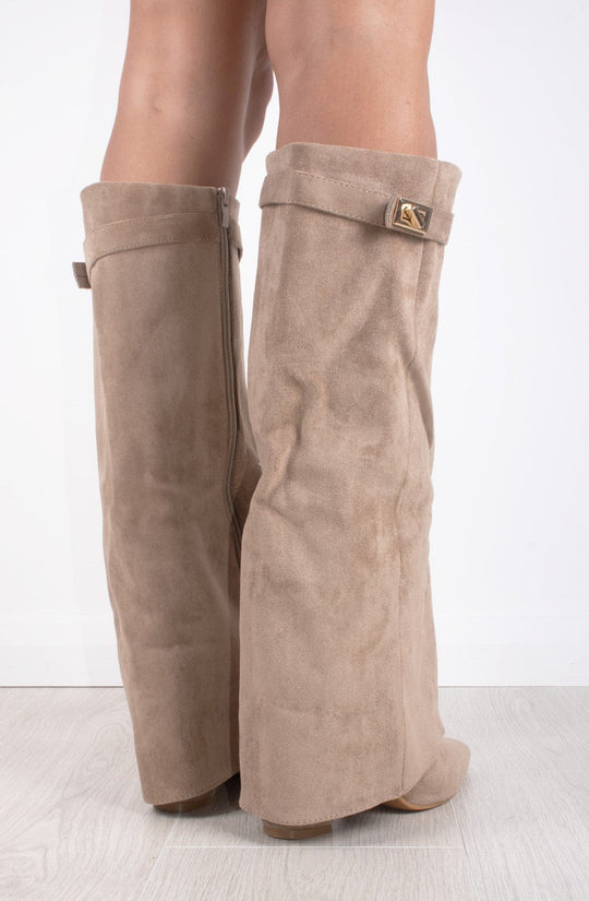 Shark Boots - Taupe Faux Suede Foldable Knee-High Boots with Classic Buckle Closure