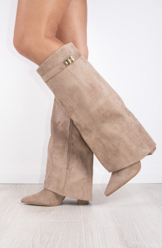 Shark Boots - Taupe Faux Suede Foldable Knee-High Boots with Classic Buckle Closure